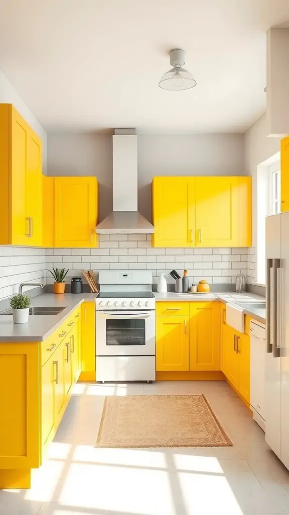 27+ Stunning Kitchen Color Palette Ideas for Your Home Makeover 12 A bright yellow kitchen with grey countertops and white tiles.