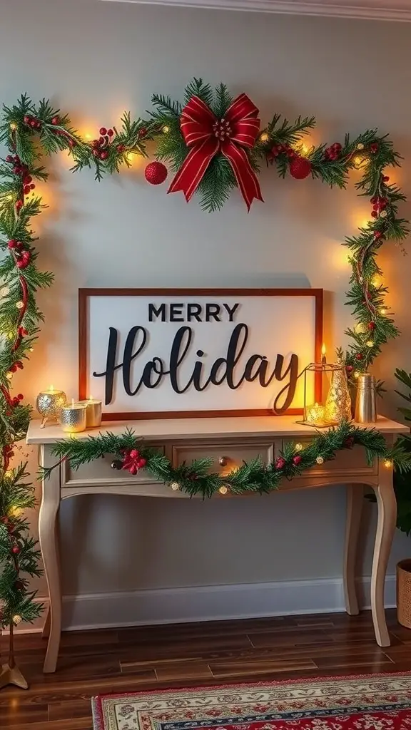 29+ Stunning Christmas Console Table Decor Ideas 9 A festive console table decorated with a 'Merry Holiday' sign, surrounded by garland, ornaments, and soft lights.