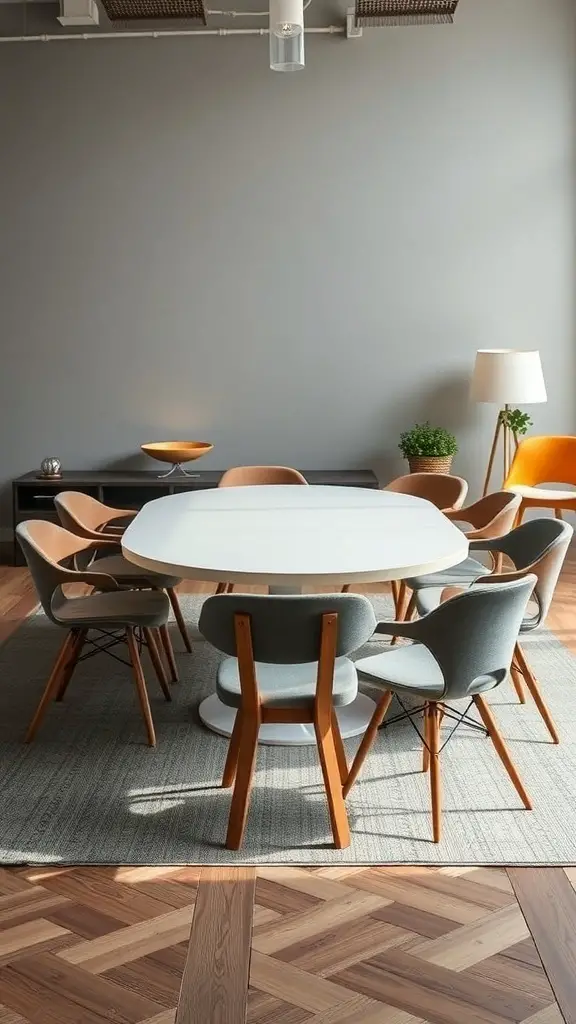 A modern dining room featuring an oval dining table surrounded by stylish chairs.