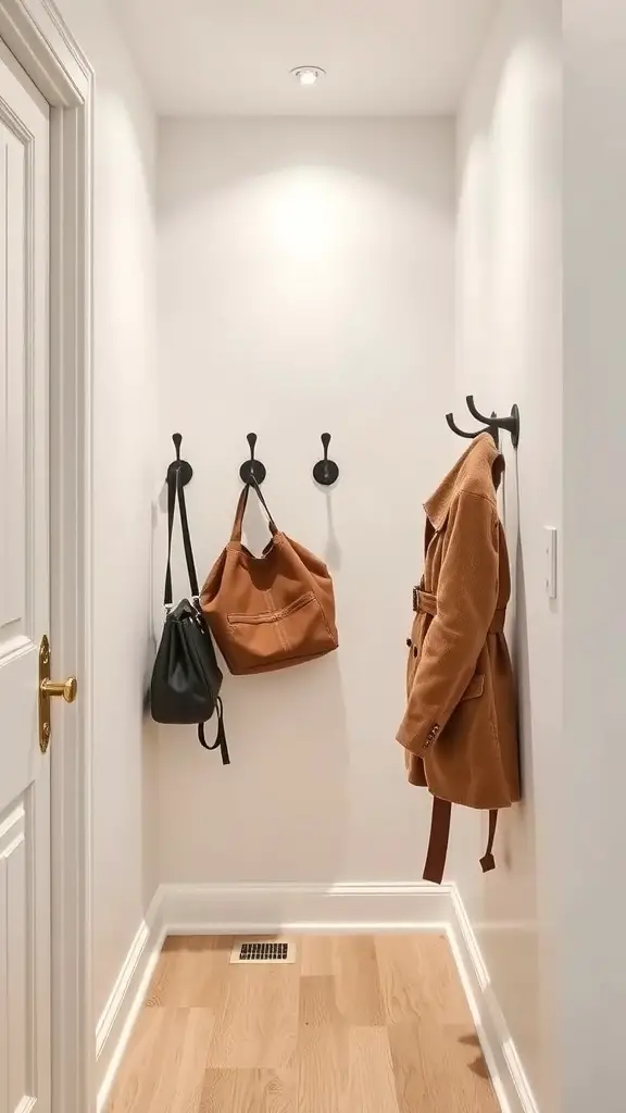 A small hallway with black hooks on the wall holding a coat and bags.