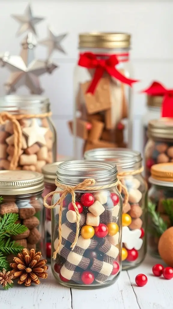 27+ Creative Mason Jar Storage Ideas for a Clutter-Free Home 12 A collection of mason jars filled with colorful treats and decorated with ribbons, perfect for gift ideas.