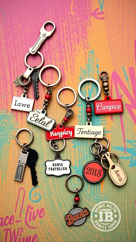 27+ Creative Dollar Tree Gifts for Your Coworkers 16 A collection of personalized keychains with various designs and names.