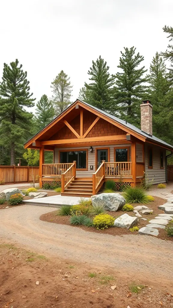 A cozy cabin surrounded by trees, featuring a wooden exterior and a welcoming porch.