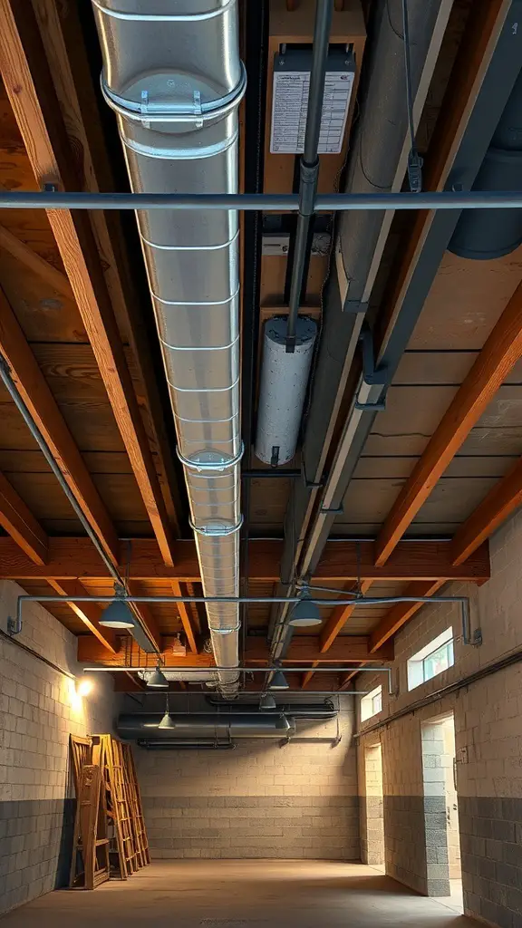 Exposed basement ceiling featuring wooden beams and metal ductwork.