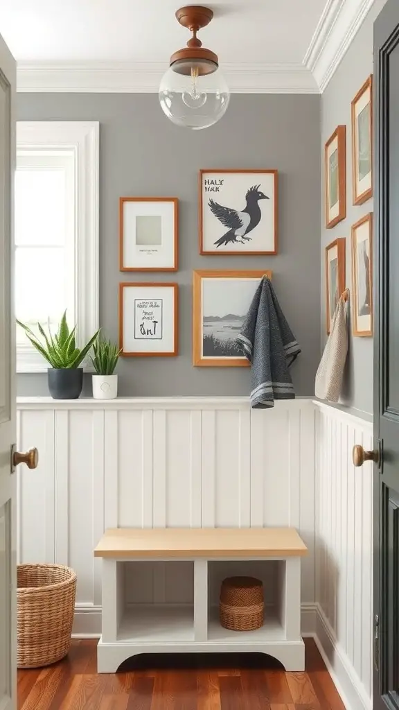 27+ Stylish IKEA Mudroom Ideas for a Functional Space 11 A stylish mudroom featuring a bench, wall art, and plants.