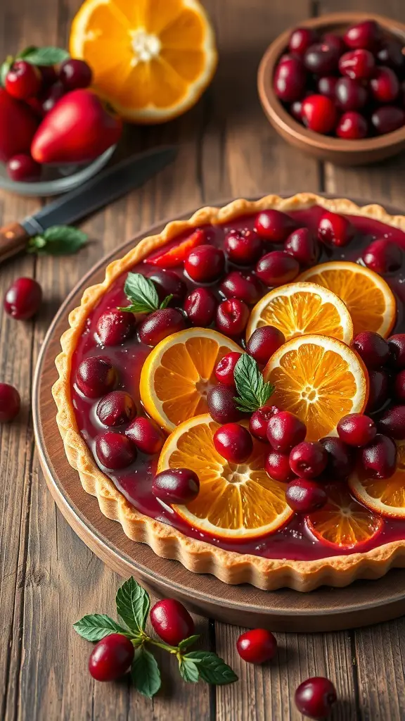 A beautifully arranged cranberry orange tart with slices of orange and fresh cranberries on top.