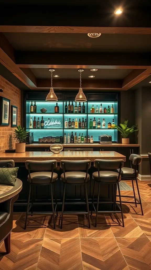 A stylish basement bar area with a wooden counter, bar stools, and a well-stocked shelf of drinks.