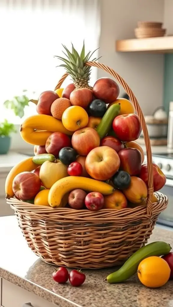 A tiered fruit basket filled with various fruits on a kitchen countertop.