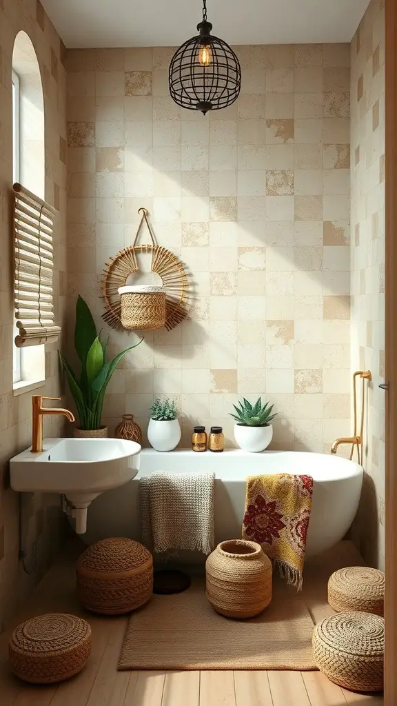 A boho bathroom featuring natural materials, plants, and eco-friendly decor.