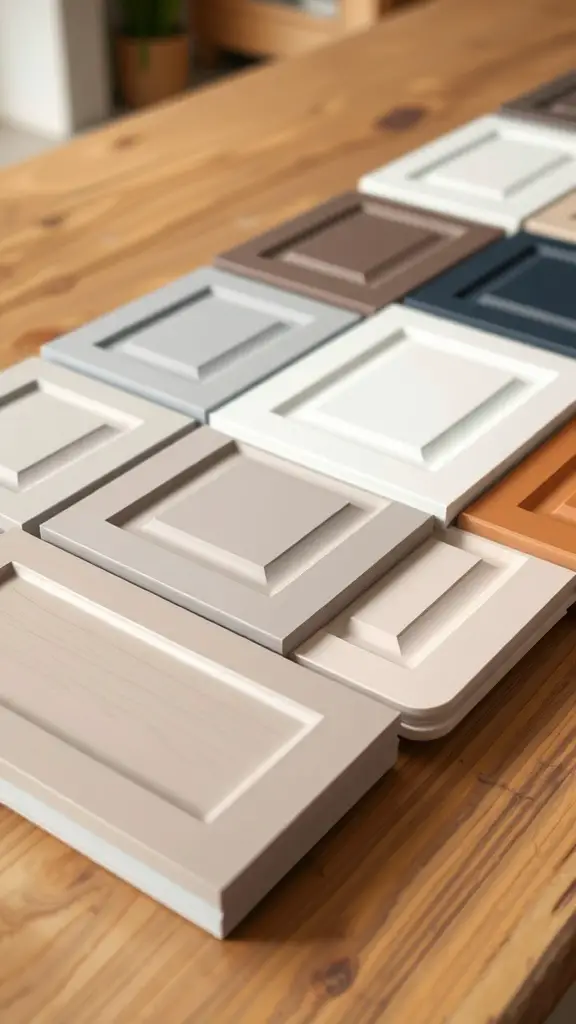 25+ Stunning Painted Kitchen Cabinet Ideas to Transform Your Space 6 Various paint samples for kitchen cabinets displayed on a wooden table