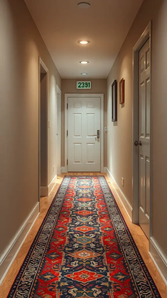 A narrow hallway with a decorative rug running along the floor, featuring warm colors and intricate patterns.