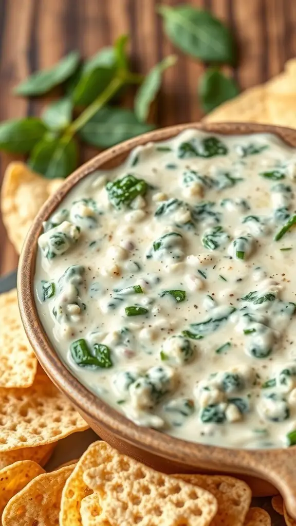 A bowl of creamy spinach and artichoke dip surrounded by tortilla chips
