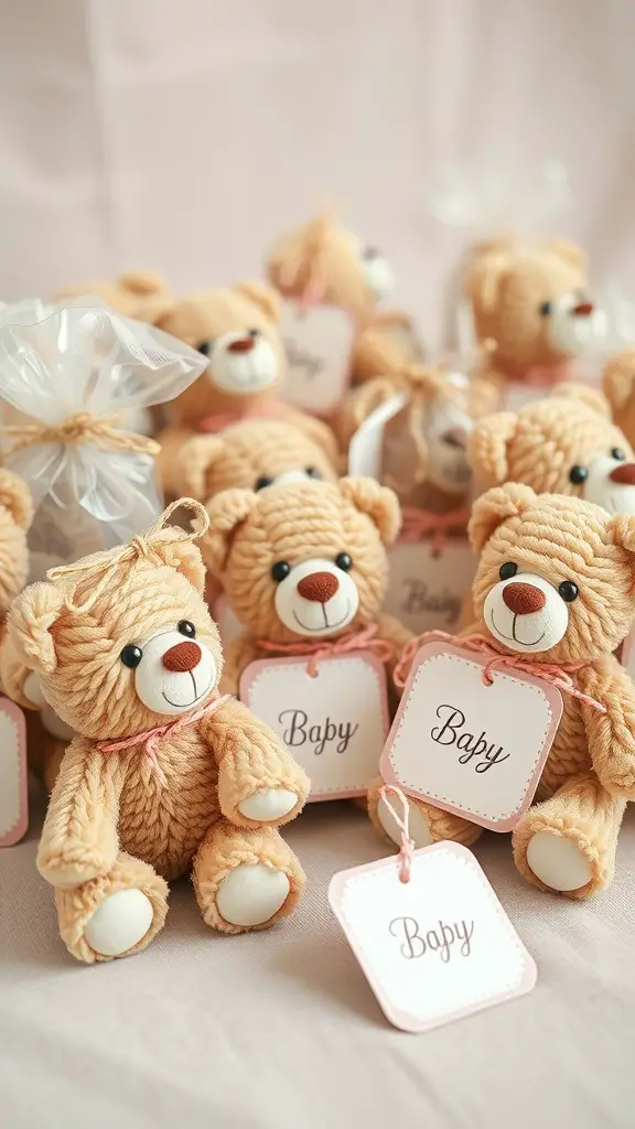27+ Adorable Bear Baby Shower Ideas for the Perfect Celebration 6 Cute teddy bear favors for a baby shower, each with a tag that says 'Baby'.