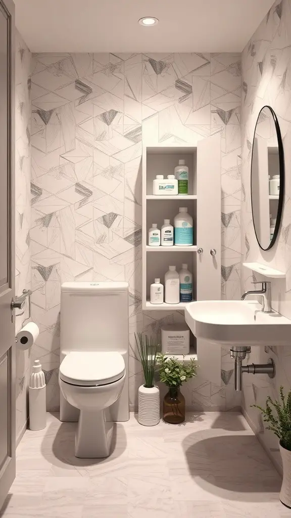25+ Creative Ways to Store Your Feminine Hygiene Products 12 A modern bathroom with a built-in shelf displaying feminine hygiene products, showcasing a clean and organized space.