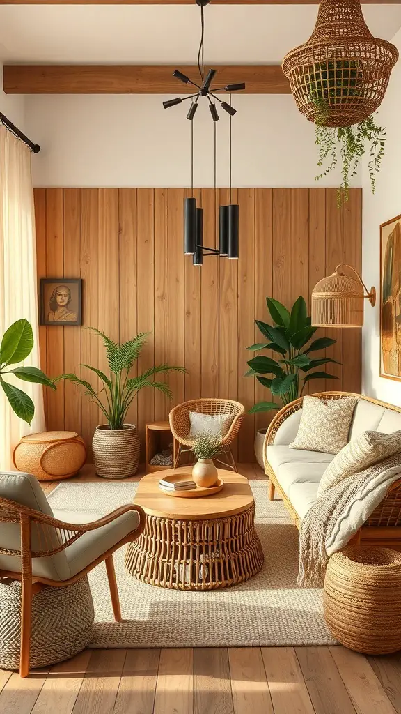 A cozy boho living room featuring natural textures with wooden walls, rattan furniture, and plants.
