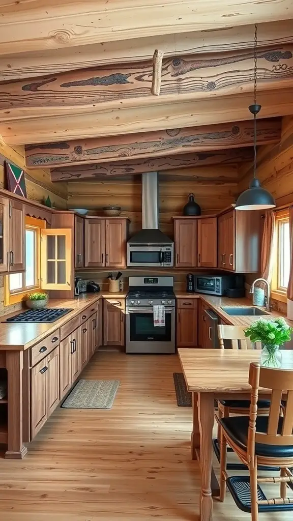 A cozy log cabin kitchen featuring wooden cabinets, a spacious layout, and a small dining area.