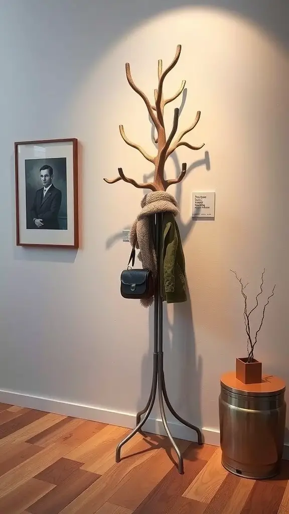 Artistic coat rack resembling a tree branch with a coat and bag hanging on it, next to a framed portrait.