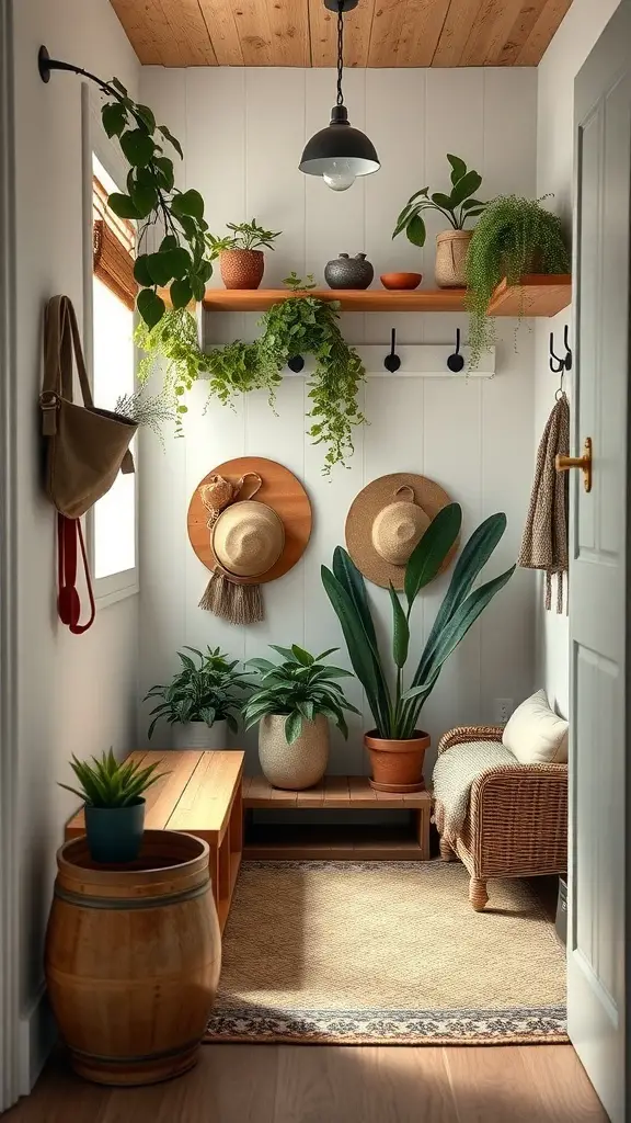 A cozy mudroom with plants, wooden furniture, and natural decor.