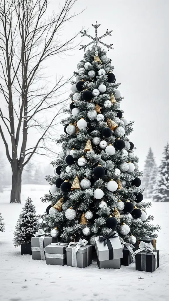 A chic monochrome Christmas tree decorated with black, white, and gold ornaments, surrounded by wrapped gifts in a snowy landscape.