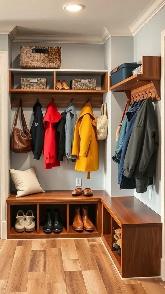 27+ Mudroom Ideas to Elevate Your Space 5 A well-organized mudroom with shelves, a bench, and storage baskets.