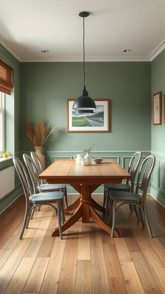 A rustic dining area with sage green walls, a wooden table, and stylish chairs.