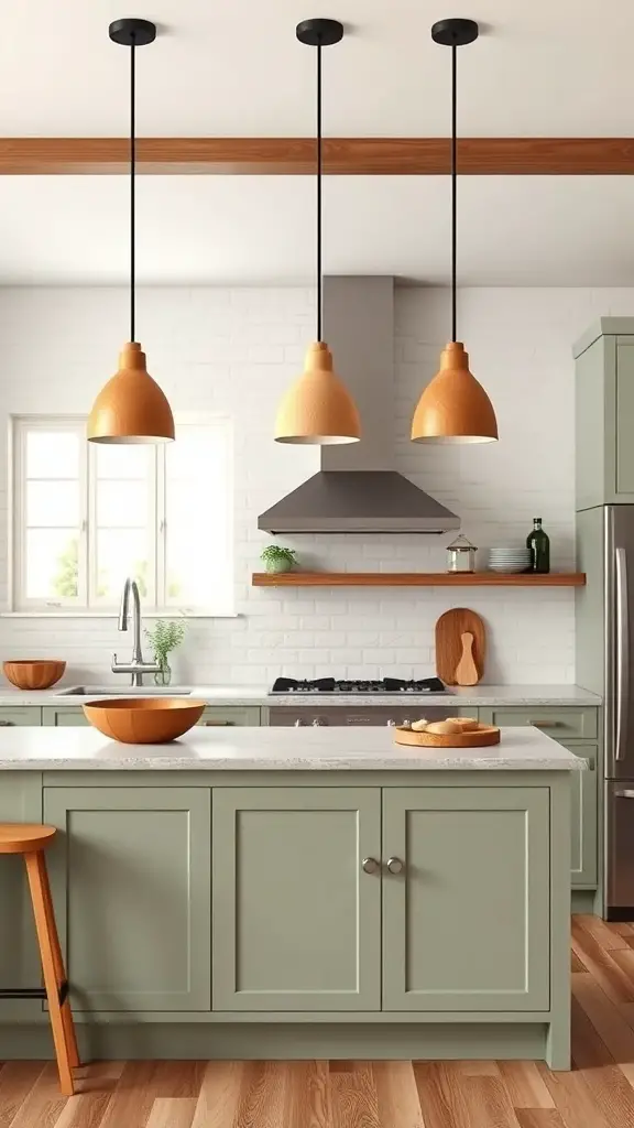 A kitchen featuring sage green cabinets and wooden pendant lighting.