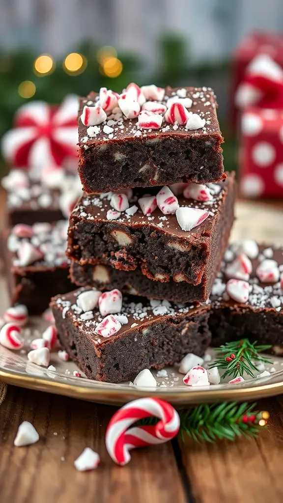 A plate of peppermint bark brownies topped with crushed peppermint and surrounded by candy canes.