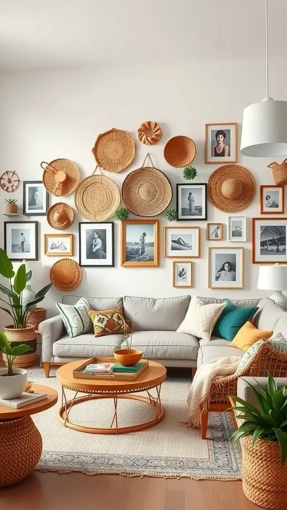 A boho living room featuring a wall with woven baskets and framed photographs, complemented by plants and cozy furniture.