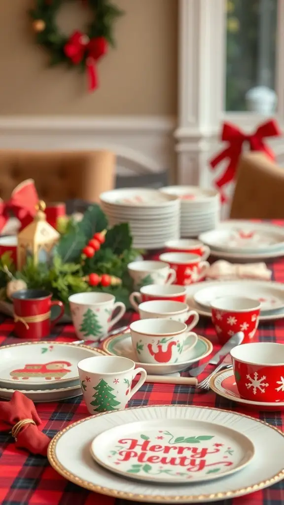 27+ Stunning Christmas Buffet Table Decor Ideas 13 A whimsical holiday-themed buffet table with colorful tableware, including plates and cups featuring festive designs.