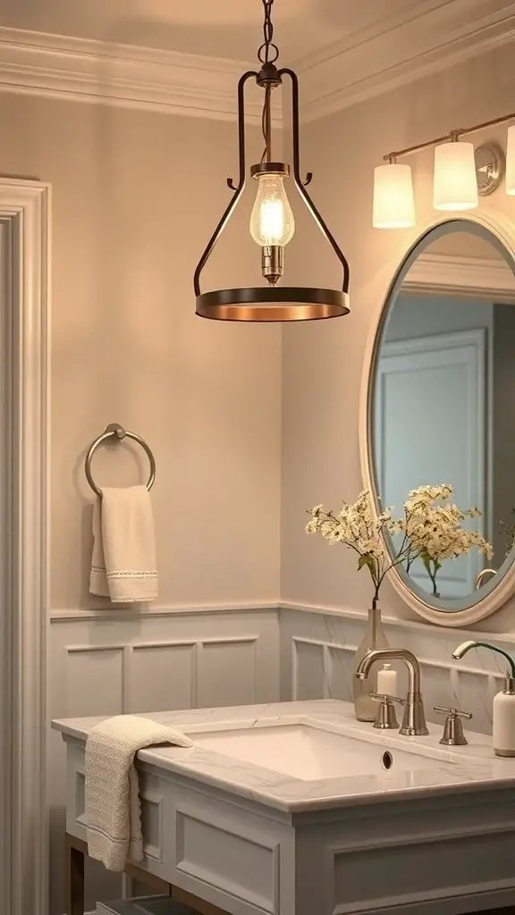 A stylish bathroom featuring Ralph Lauren lighting fixtures, including a pendant light and wall sconces.
