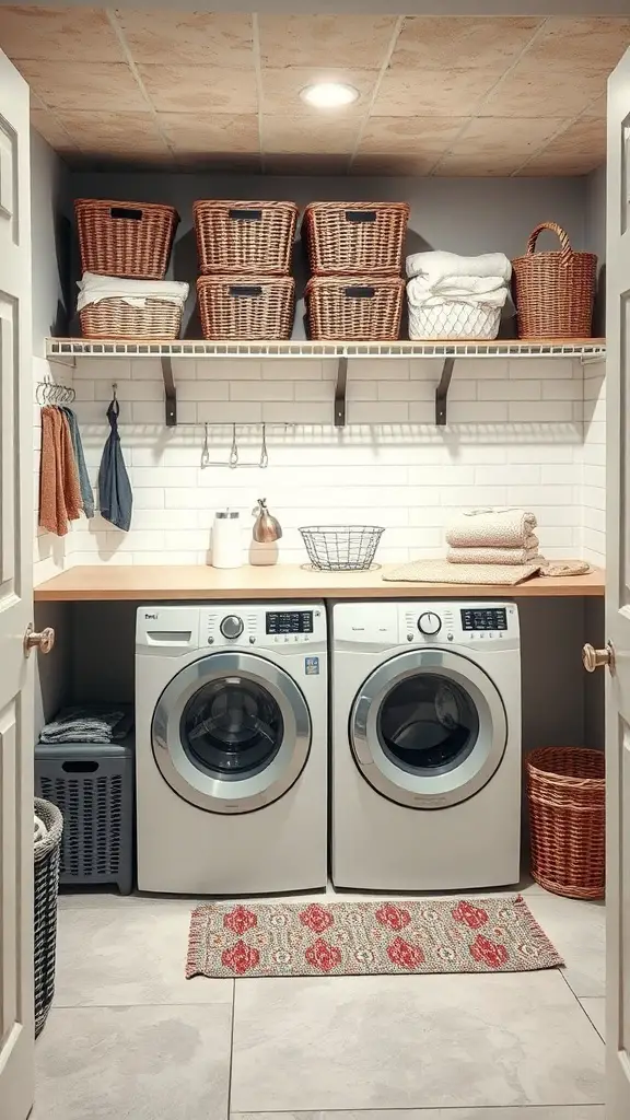 A basement laundry room featuring a functional folding station with a countertop, washing machines, and organized storage baskets.