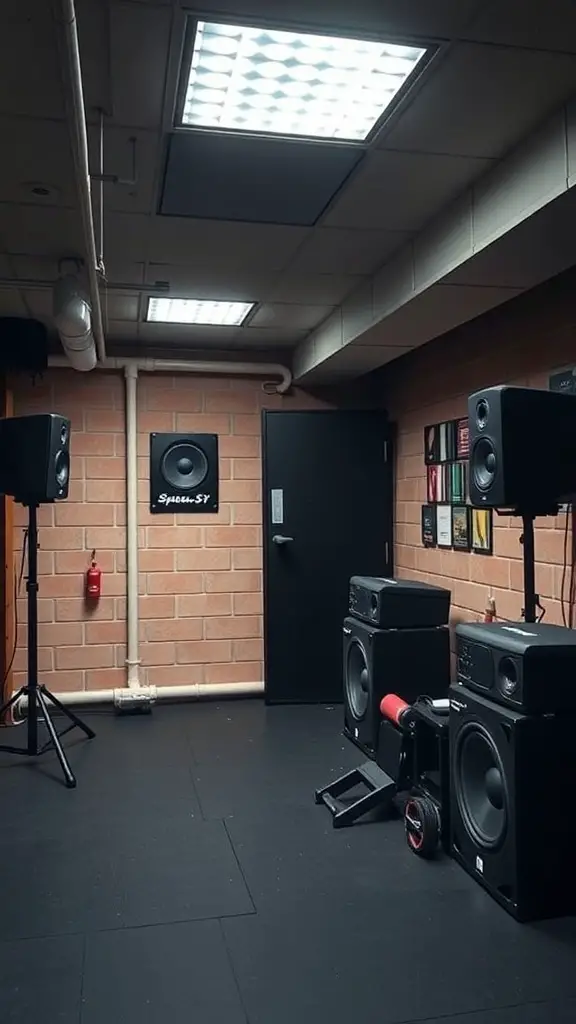 A basement gym sound system with large speakers and a simple setup.