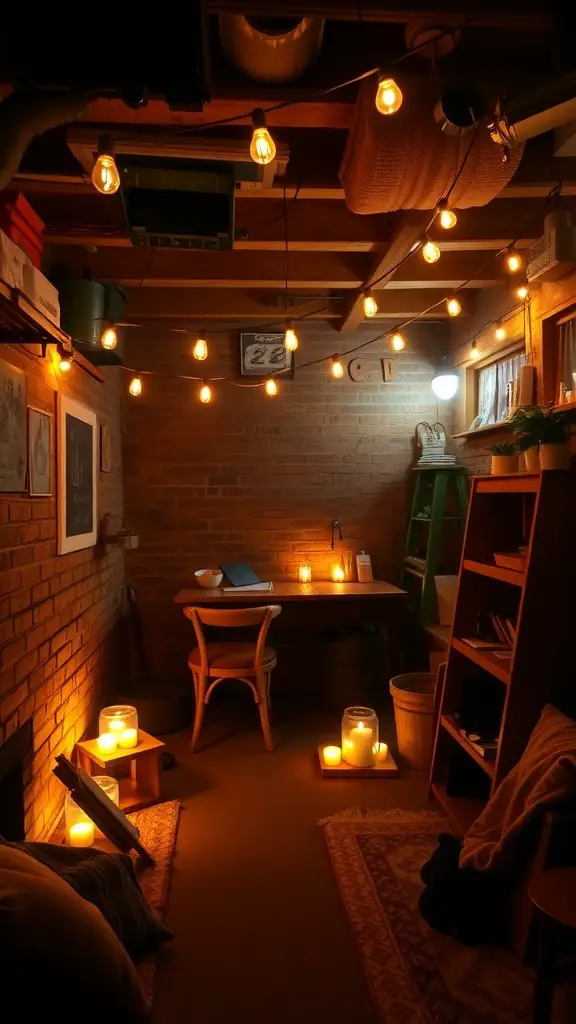 25+ Stunning Boho Basement Ideas to Transform Your Space 3 A cozy basement with soft ambient lighting from string lights and candles.
