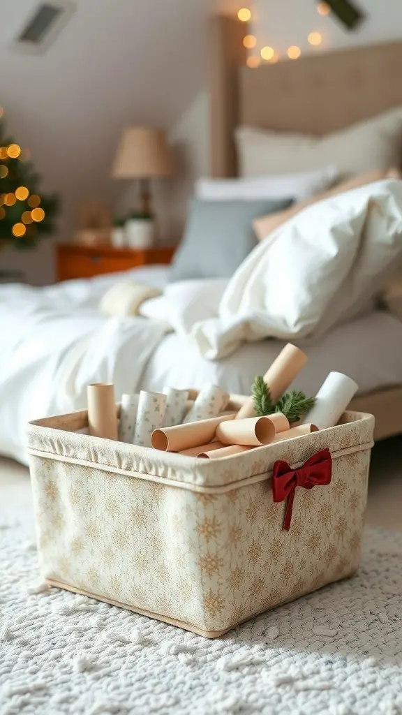 A stylish storage box filled with rolls of wrapping paper, placed on a cozy bedroom floor.