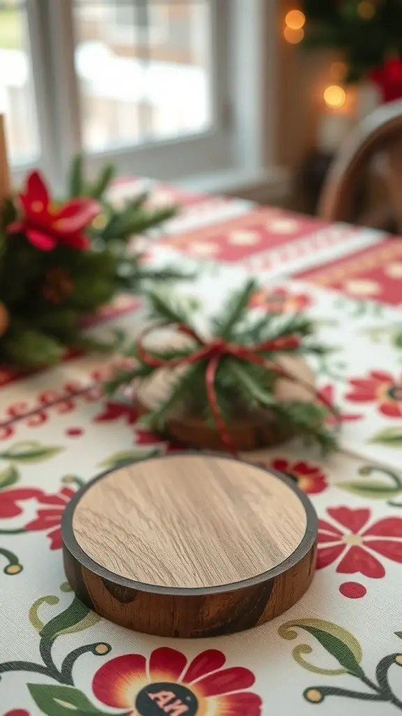 29+ Rustic Christmas Table Décor Ideas for a Cozy Holiday Celebration 12 A handmade wooden coaster on a festive tablecloth with floral patterns.