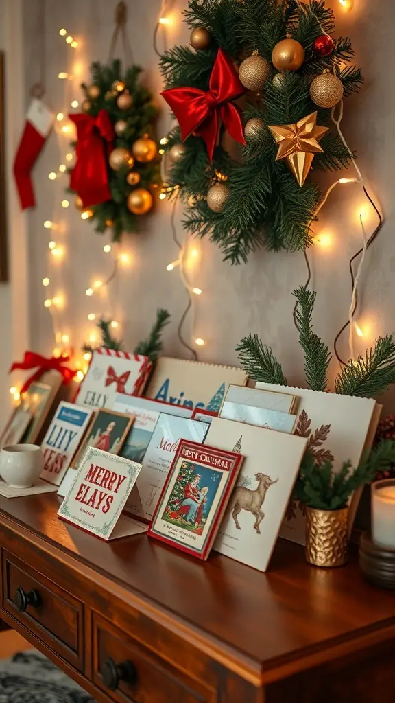 29+ Stunning Christmas Console Table Decor Ideas 16 A console table decorated with vintage Christmas cards, wreaths, and lights.