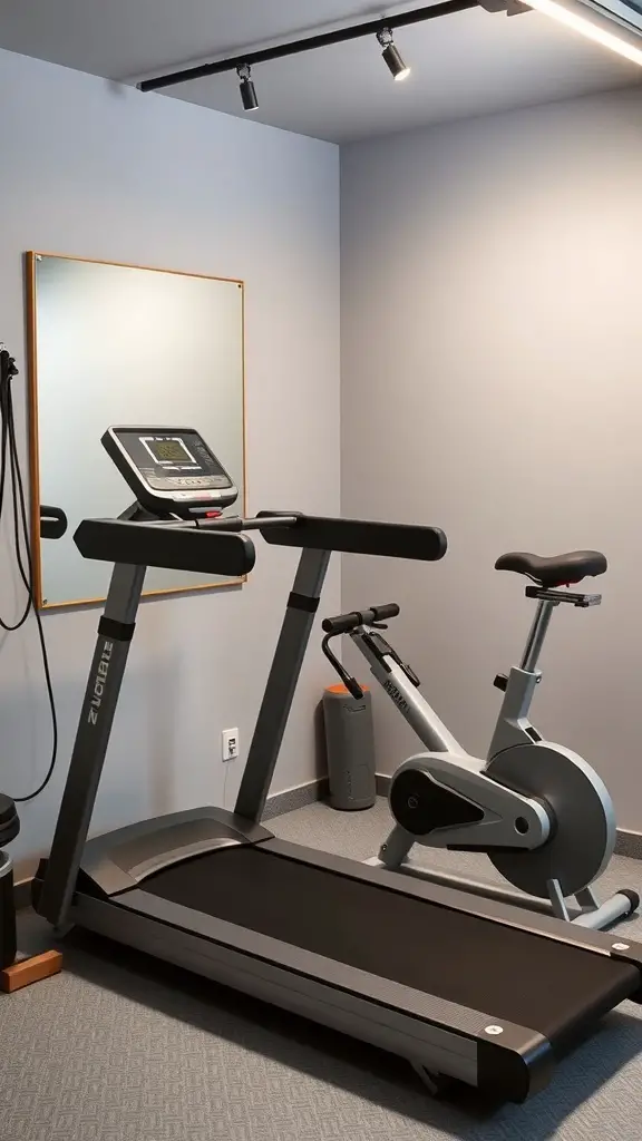 27+ Inspiring Half Garage Gym Ideas for Your Home Workout Space 9 A compact gym setup featuring a treadmill and a stationary bike in a half garage.
