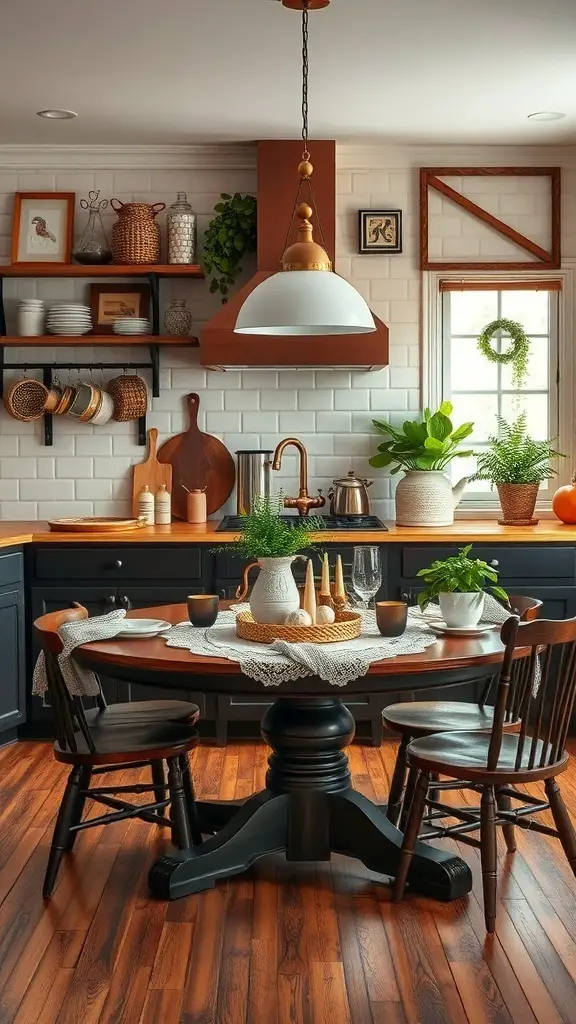 25+ Stunning Kitchen Table Decor Ideas to Elevate Your Space 16 A cozy kitchen table decorated with a lace runner, greenery, and wooden chairs, set against a stylish kitchen backdrop.