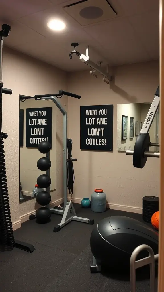 A compact home gym setup in a basement with weights, a mirror, and motivational posters.