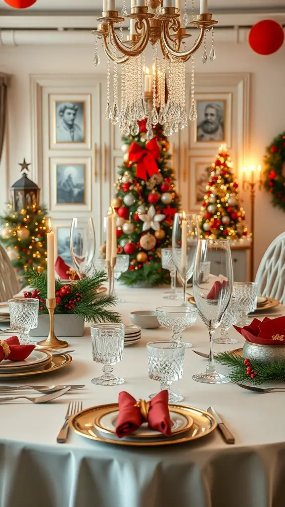An elegant Christmas dinner table setting with fine china, crystal glassware, and festive decorations.