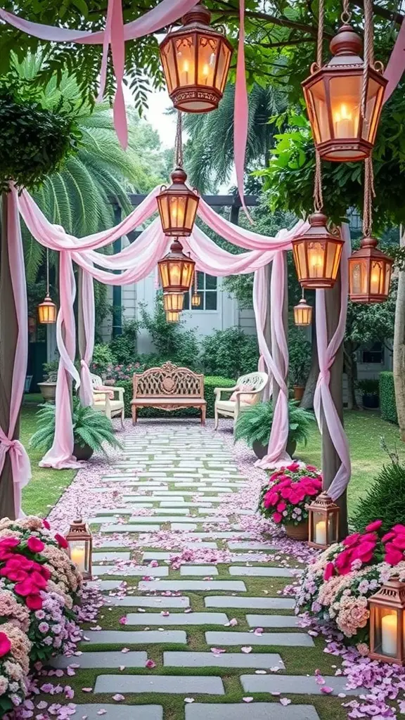 25+ Dreamy Garden Party Wedding Ideas for a Magical Celebration 9 A garden wedding path decorated with pink petals, lanterns, and flowers.
