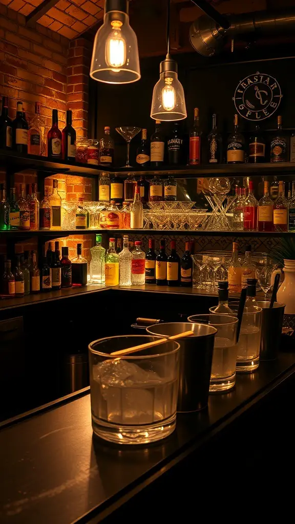 A stylish cocktail station with various bottles and glassware, illuminated by warm pendant lights.