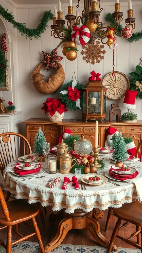 27+ Stunning Christmas Table Settings for Round Tables 9 A vintage-inspired Christmas table setting with a lace tablecloth, red napkins, and festive decorations.