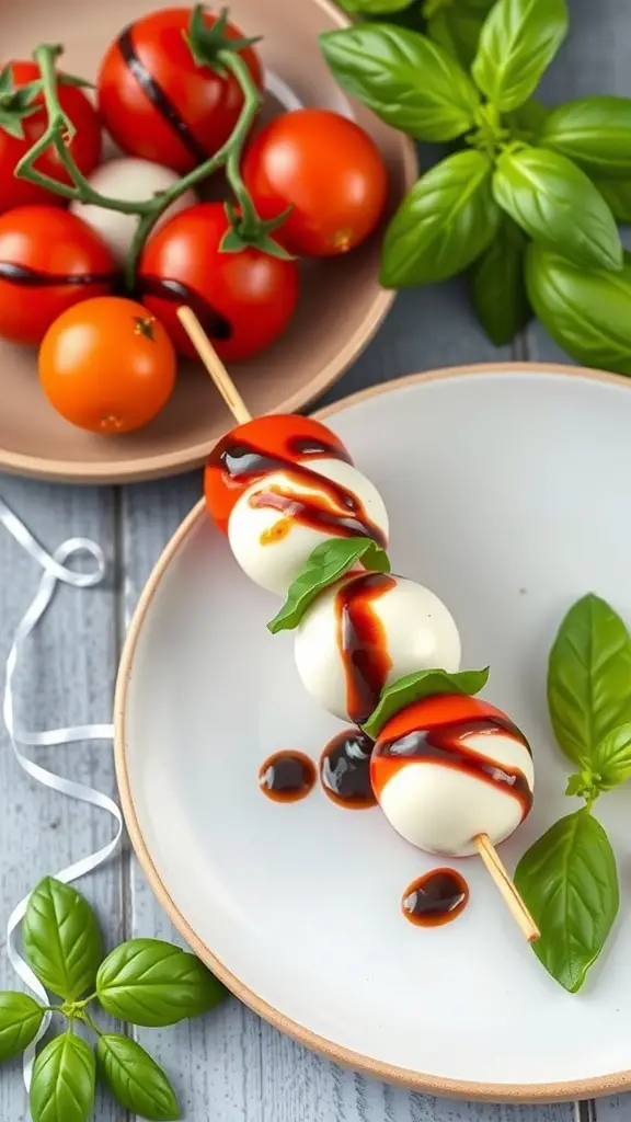 Mini Caprese skewers with cherry tomatoes, mozzarella balls, and basil leaves, drizzled with balsamic glaze.