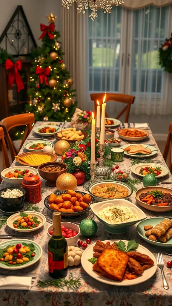 A beautifully set Christmas dinner table featuring a variety of dishes and festive decorations.