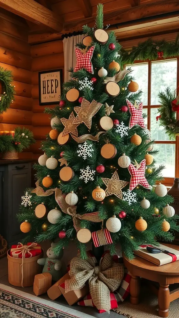 A rustic Christmas tree decorated with wooden ornaments, burlap ribbons, and snowflake accents in a cozy cabin setting.