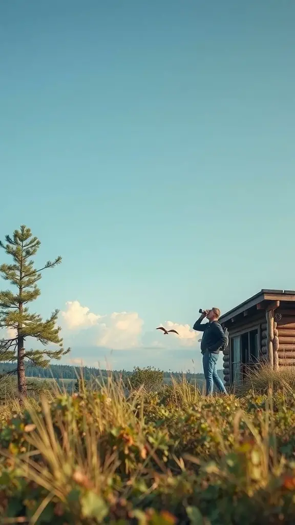 27+ Stunning Off-Grid Cabin Ideas for Your Dream Retreat 12 A person observing nature with binoculars near an off-grid cabin