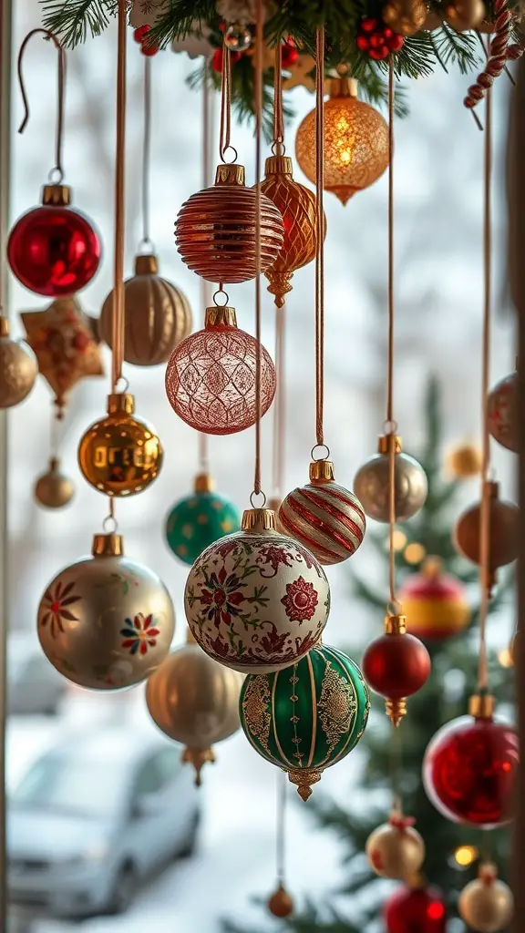 29+ Creative Winter Window Decoration Ideas for a Cozy Home 11 A collection of vintage Christmas ornaments in various colors and designs hanging from a window.