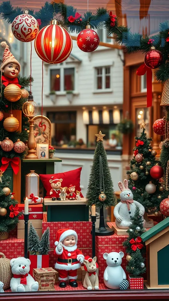 27+ Stunning Holiday Window Displays to Inspire Your Seasonal Decor 6 A vintage holiday window display featuring a Santa doll, plush animals, and festive decorations.