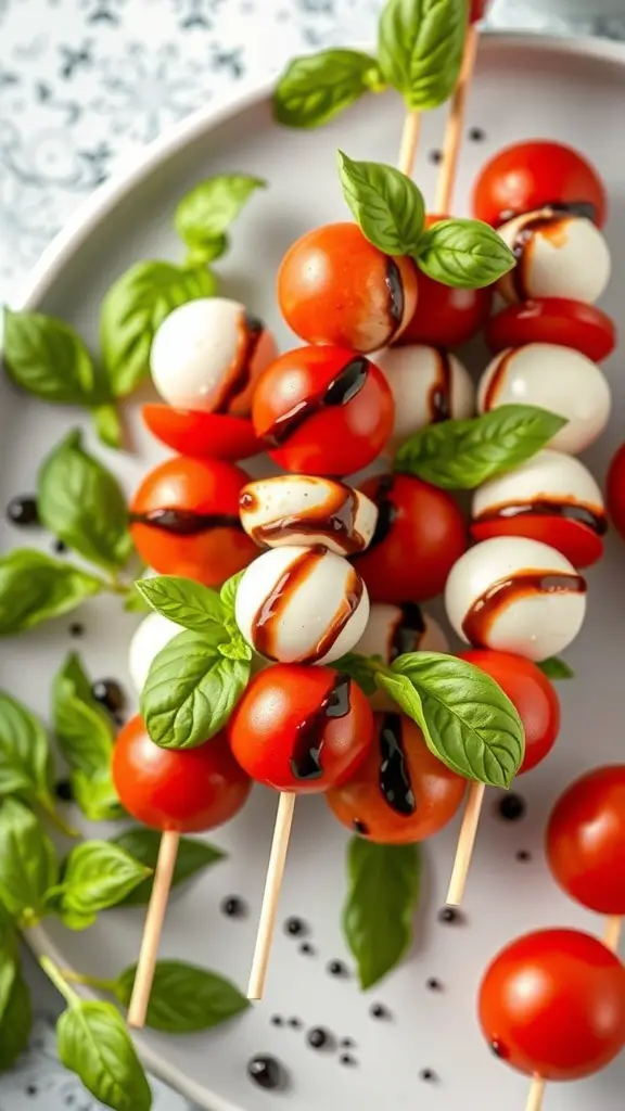 Caprese skewers with cherry tomatoes, mozzarella, and basil drizzled with balsamic glaze.